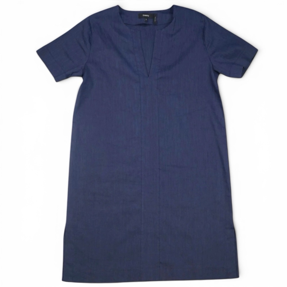 Theory Caliver Linen Blend Shift Dress Navy Blue Minimalist‎ Women's Small